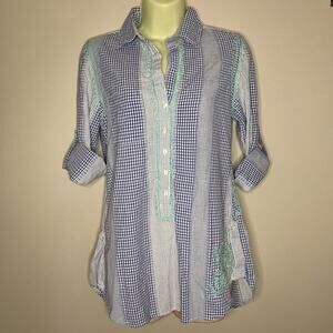 Sundance Womens Gingham Striped Embroidered Button Up Shirt Size XS Boho Artisan